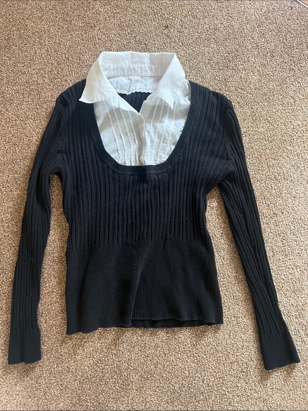 Black Ribbed Knit Sweater with White Shirt Detail